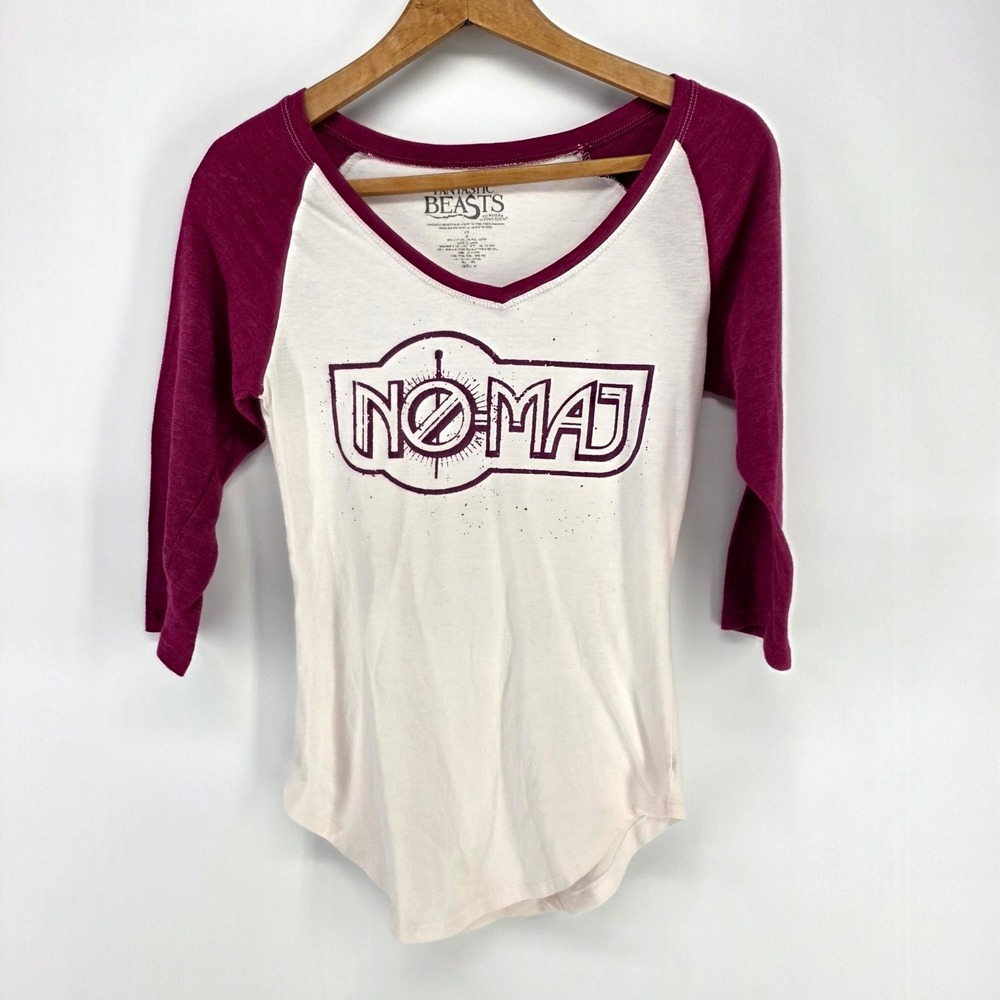 Fantastic Beasts Raglan Shirt Women Small White Maroon No-Maj Graphic V-Neck Tee